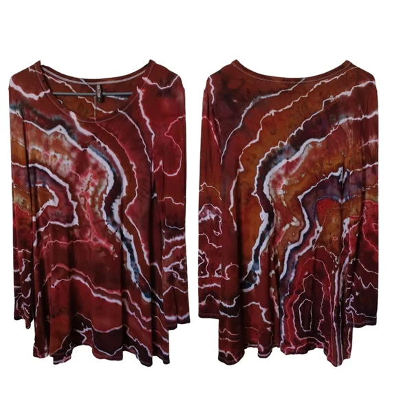 ZION Ladies Large Red and Brown Long Sleeve Tie Dye Stretchy Tunic - Picture 3 of 5